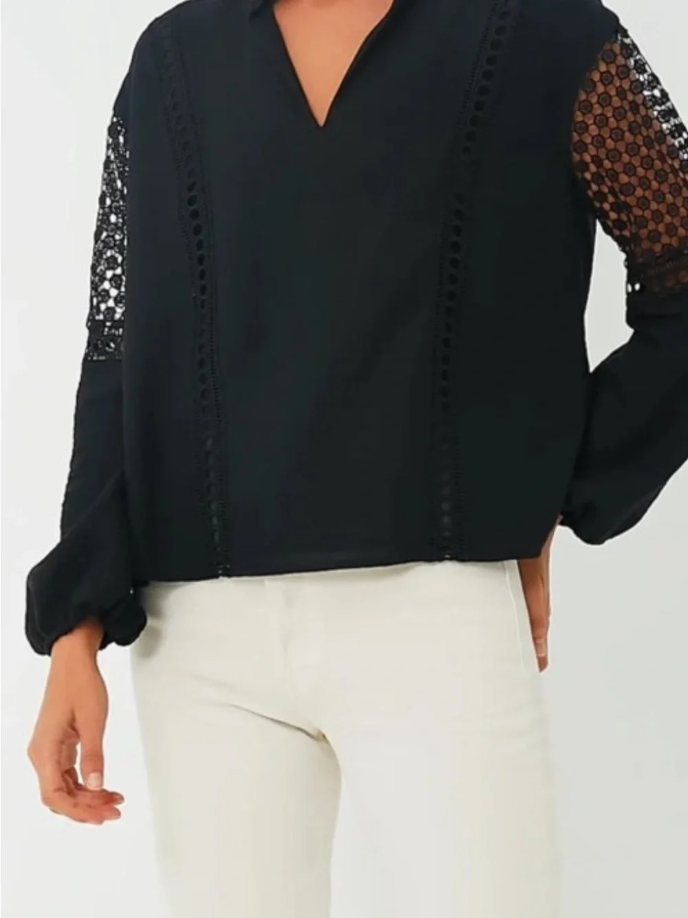 Tuckernuck Janie Black Crochet-Inset V-Neck Collared Blouse NWT